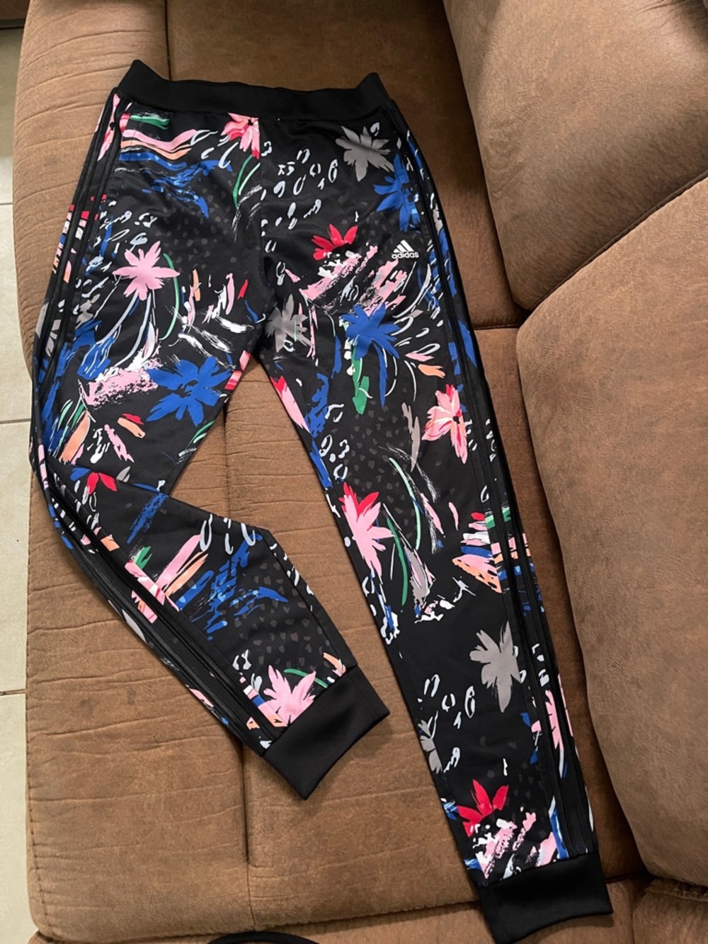 adidas Black Floral-Print Girls' Joggers with Multicolor Accents